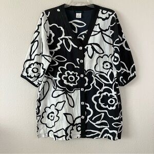 ULLA POPKIN Cotton Tunic Shirt Lightweight Button Up Artsy Bold Floral 1X 2X